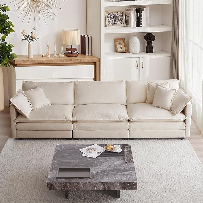 Luxury Modular Sectional Sofa, 111.5" Modern Chenille Comfy Cloud Couches for Living Room Office, 3 Seater Deep Sofa with 2 Armrest Pillows and 3 Toss Pillows, Light Coffee