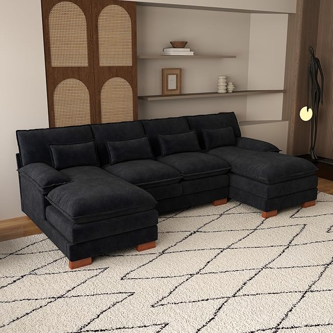 mikibama 112.59" U Shaped Sofa Set for Living Room,Chenille Modular Sectional Cloud Couch with Deep Seat,Comfy Double Layer Cushion Lounger Cloud Sofas with Chaise Lounges. (Blue, 112.89")

