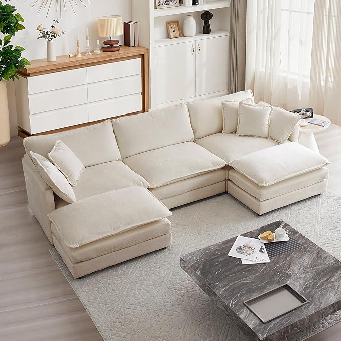 mikibama Modular Sectional Sofa, 111.5 Inch U Shaped Couch Set for Living Room, 3-Seater Comfy Cloud Couches with Movable Ottoman, DIY Combination, Chenille, Light Coffee
