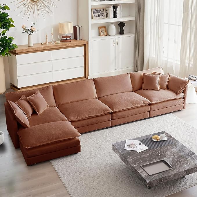 mikibama Modular Sectional Sofa, 146.5 Inch L Shaped Couch Set for Living Room, 4-Seater Comfy Cloud Couches with Movable Ottoman, DIY Combination, Chenille, Orange
